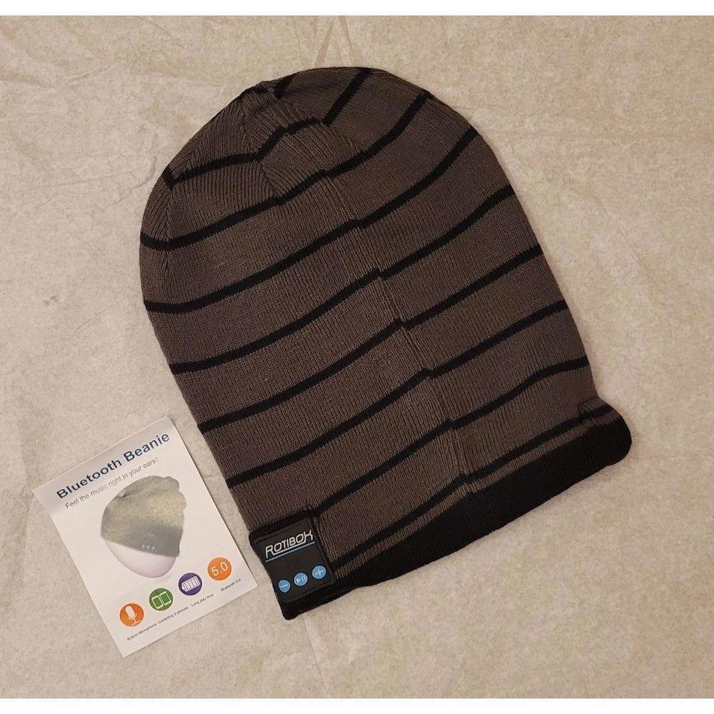 Bluetooth Beanie Hat with Built In Wireless Headphones Grey/Black Stripe